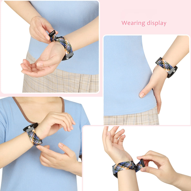 Braided woven watch band with black magnetic fold clasp worn on wrist