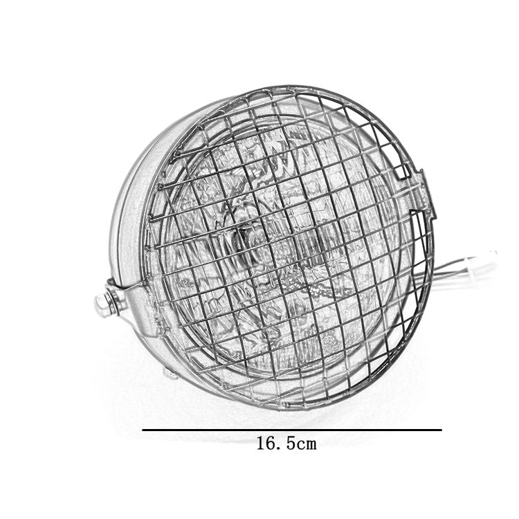 Motorcycle retro LED headlight with silver frame, wire mesh guard, clear lens