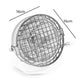 Motorcycle retro LED headlight with silver wire-guard and clear lens, size marked