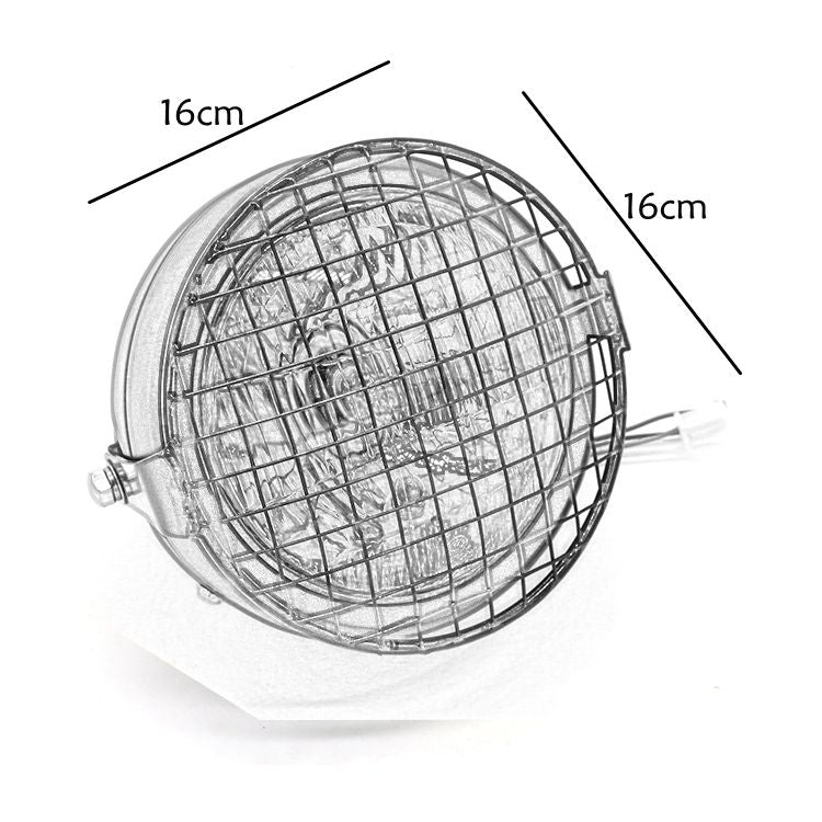 Motorcycle retro LED headlight with silver wire-guard and clear lens, size marked