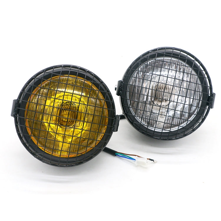 Pair of motorcycle retro LED headlights: one yellow lens, one clear lens with guards