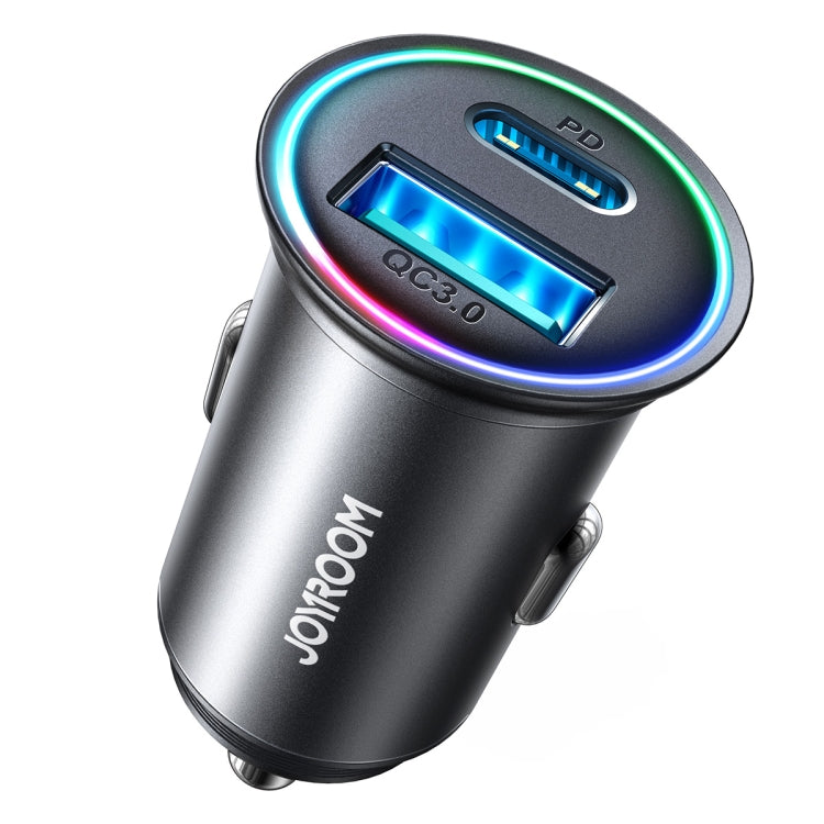JOYROOM mini metal car charger with USB-C PD and QC3.0 ports, glowing LED ring