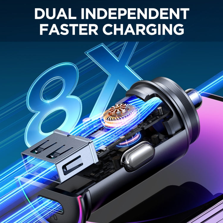 JOYROOM mini car charger with two charging ports and a glowing LED ring