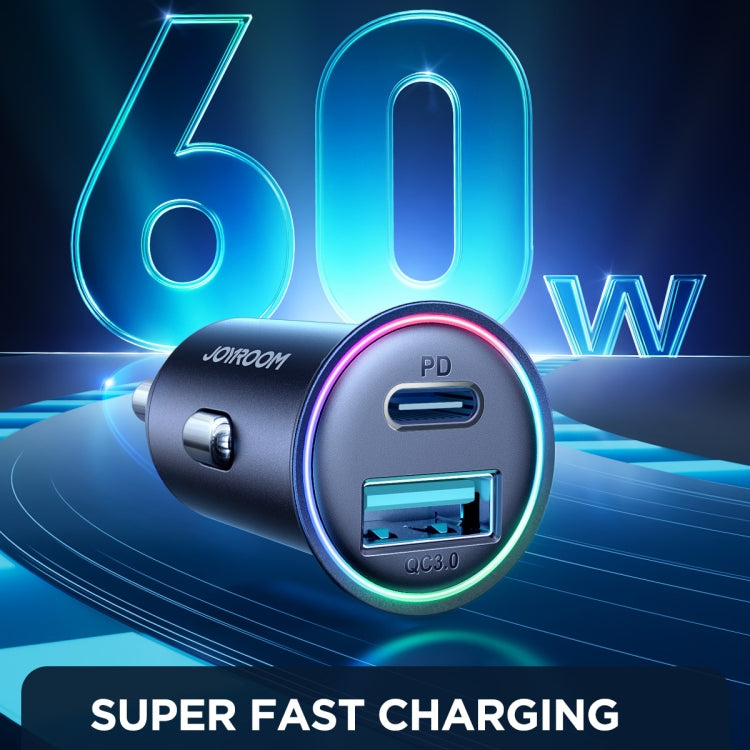 JOYROOM mini car charger with PD USB-C and QC3.0 ports, blue LED ring