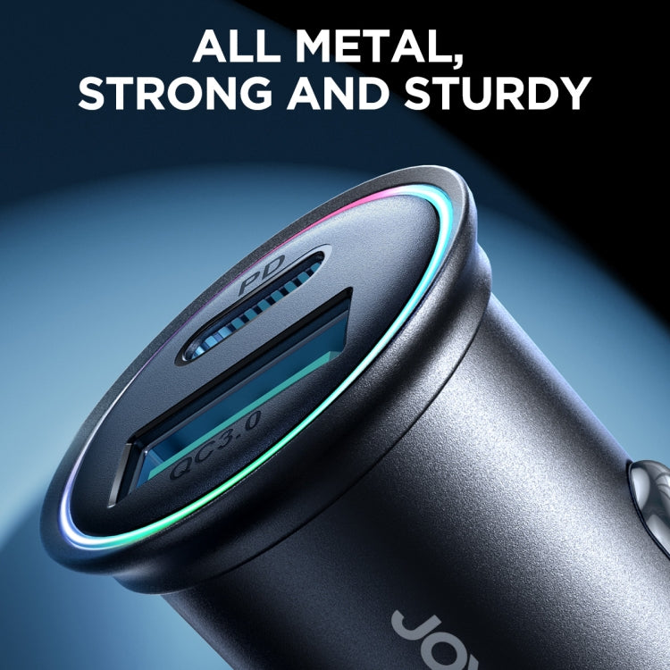 JOYROOM mini metal car charger with USB-C and QC3.0 ports, lit edge ring