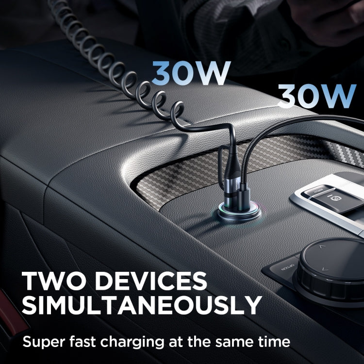 JOYROOM mini car charger in car console with two charging ports and connected cables