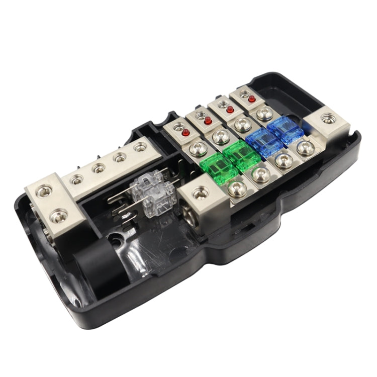 Fuse power distribution block with open fuse holders, metal terminals, green LED window