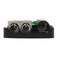 Fuse power distribution block end view with two threaded terminal posts and green LED