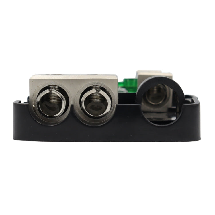 Fuse power distribution block end view with two threaded terminal posts and green LED