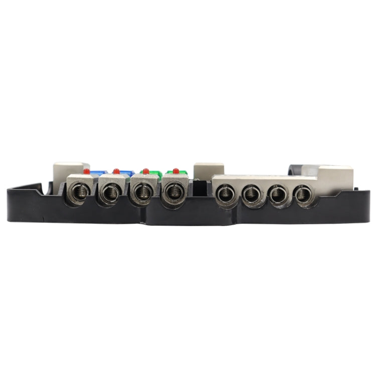 Fuse power distribution block side view with multiple threaded terminals and indicator LEDs