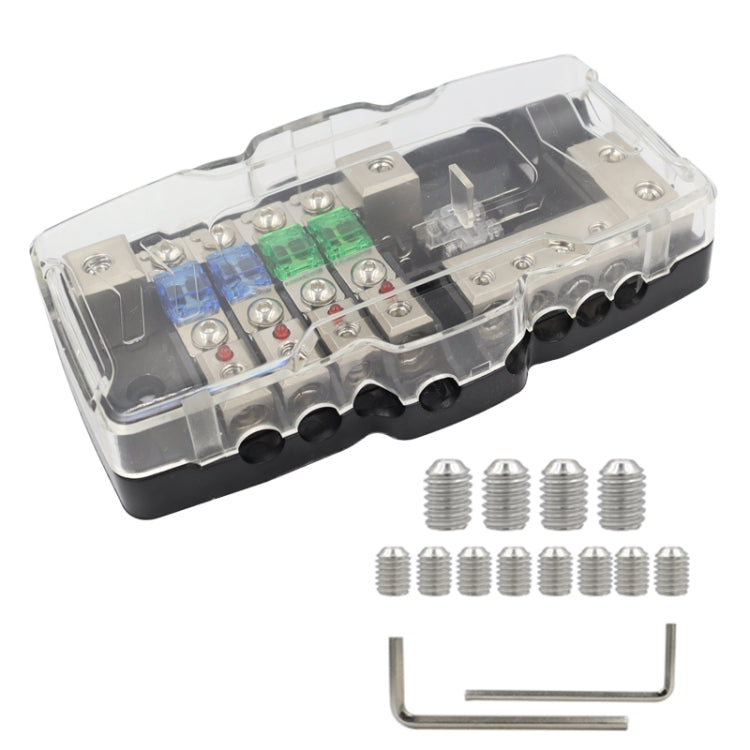 Fuse power distribution block kit with clear cover, fuses, mounting screws, and hex key