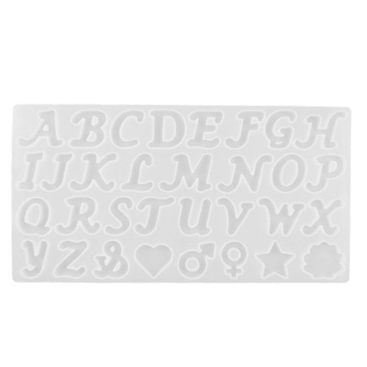 Alphabet silicone resin keychain mold with raised A-Z letters and heart, star shapes