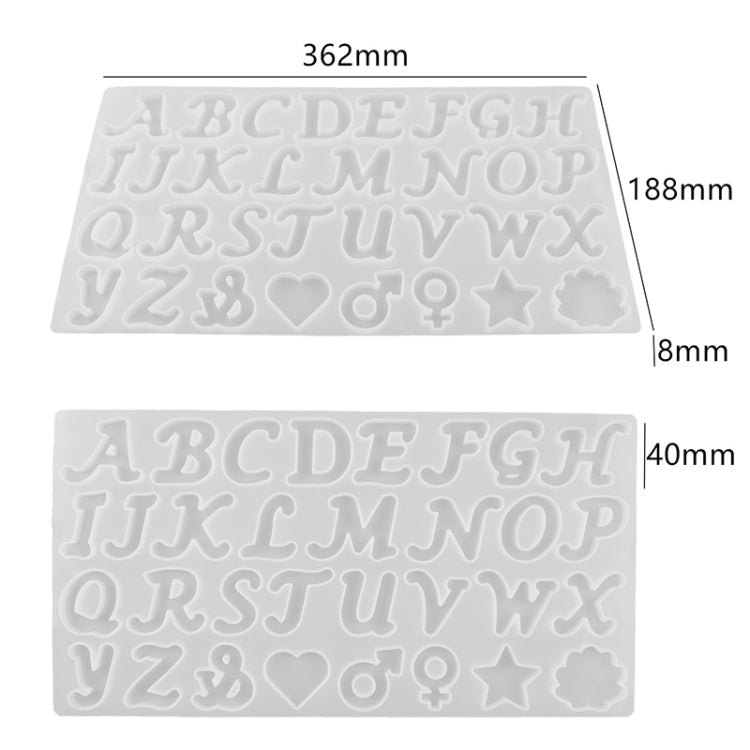 Rectangular alphabet silicone mold with A-Z letters plus small heart and star cavities
