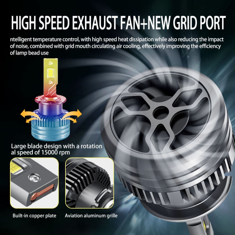 LED headlight bulb with large cooling fan grille and vented metal body