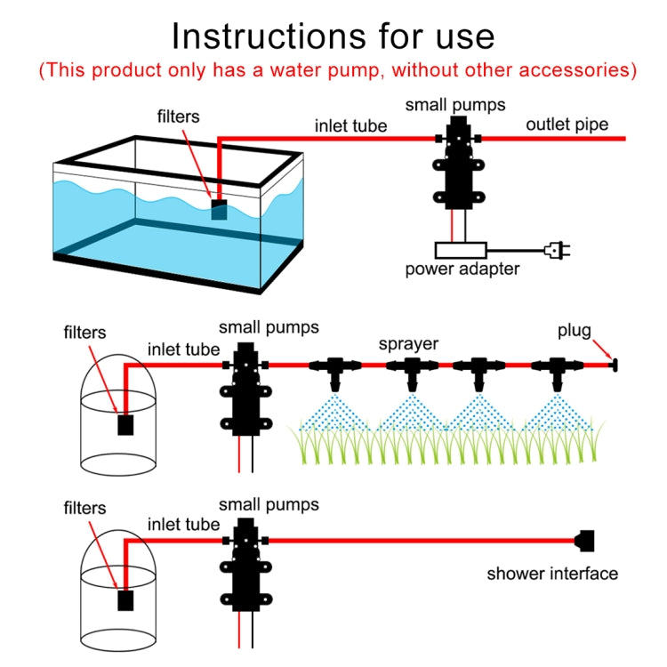 Self-priming pump plumbing instruction diagram showing inlet tube and outlet pipe