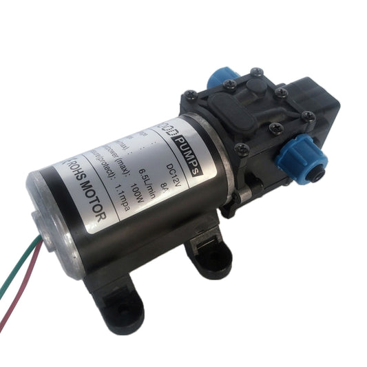 Side view of black diaphragm diaphragm water atomizing spray pump with blue power connector