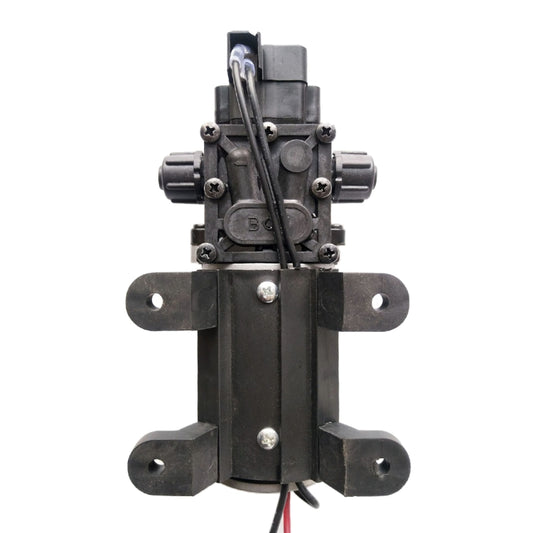 DC diaphragm pump with mounting bracket, black body and attached wiring leads.