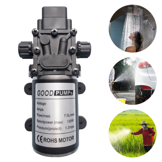 DC diaphragm pump, compact black housing with dual side ports and top connector.