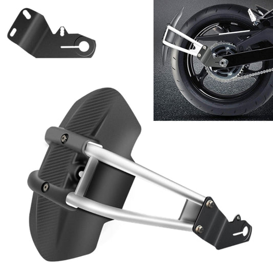 Motorcycle rear wheel splash guard with textured black flap, stainless-style tube frame, bracket