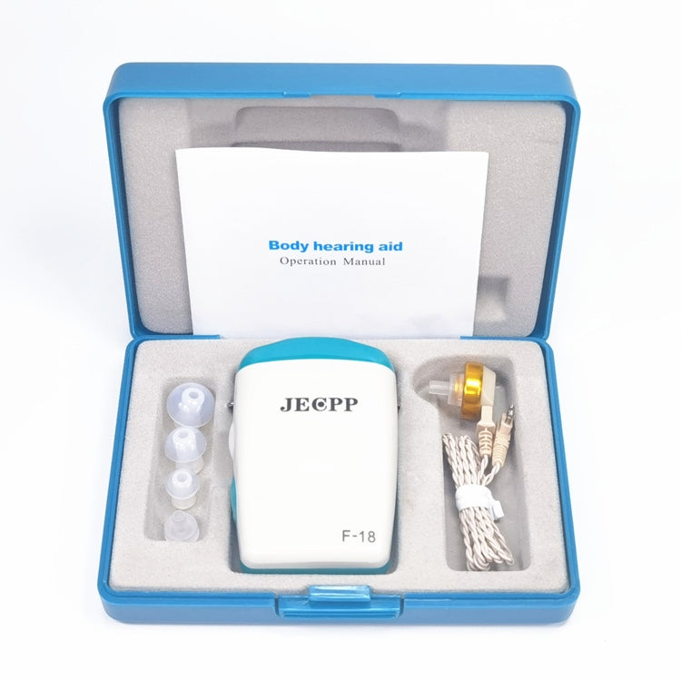 KAIXINWEI F-18 hearing aid kit, blue case with manual, earbuds, and accessories
