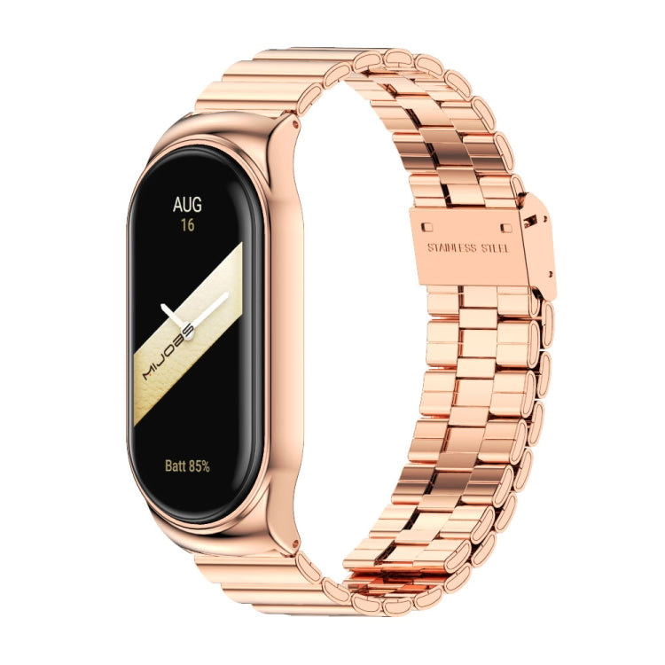 Rose gold metal link watch band with case, buckle, and display showing AUG 16