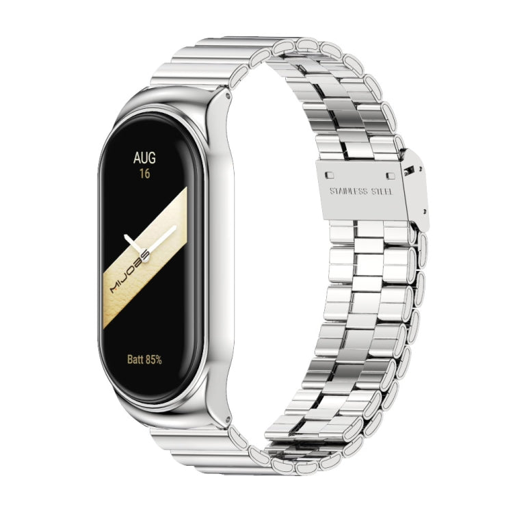 Silver metal link watch band with case, buckle, and display showing AUG 16