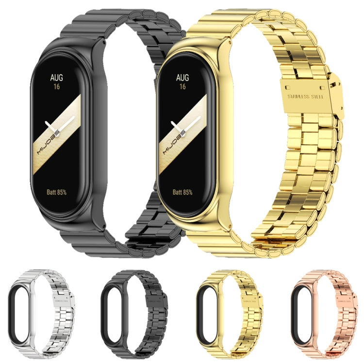 Assorted metal link watch bands with cases and buckles in four colors: silver, black, gold, rose