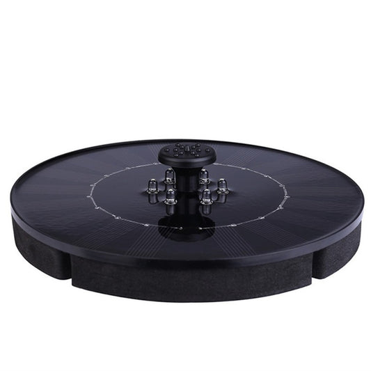 Solar fountain pump with LED light, black fountain base with nozzle cluster on top.
