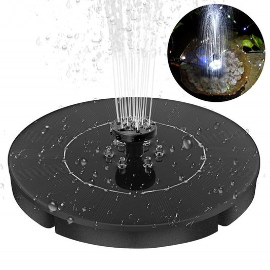 Solar fountain pump with LED light, black base with water jets and blue glow.