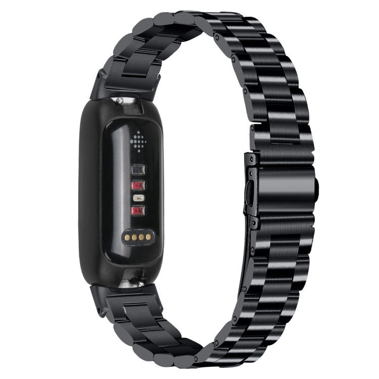 Black stainless steel watch band showing side clasp and linked three-bead flat design