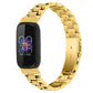 Gold stainless steel watch band with three-bead flat buckle links and clasp