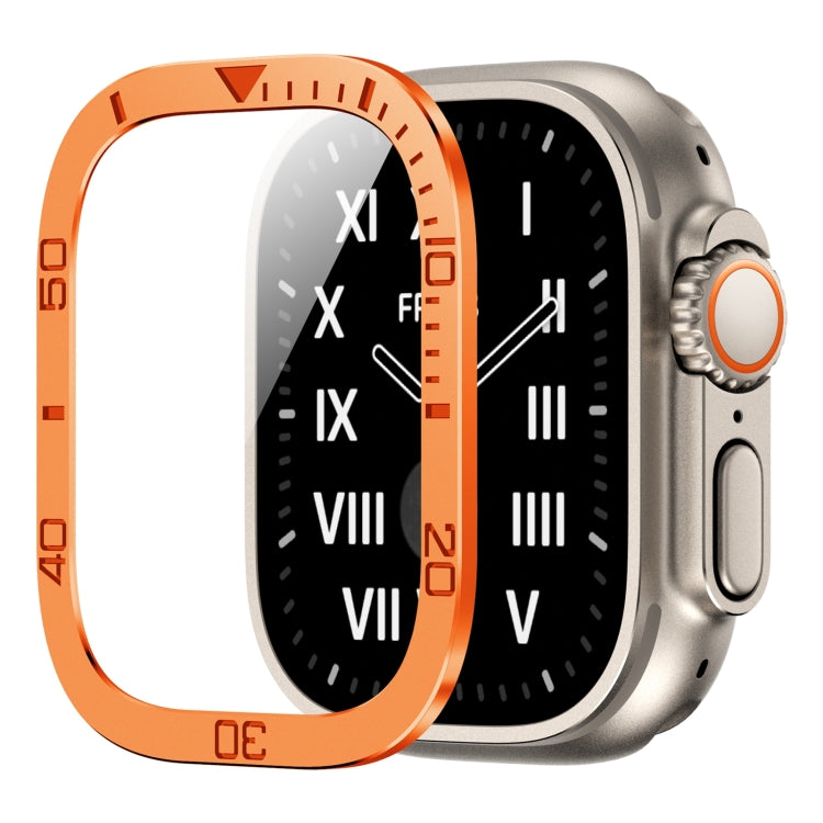 Orange metal frame tempered screen protector for Apple Watch 49mm, curved glass cover