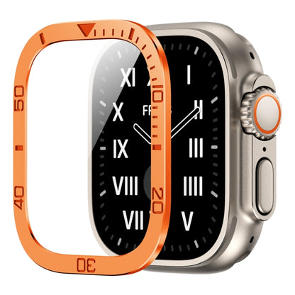 Orange metal frame tempered screen protector for Apple Watch 49mm, curved glass cover