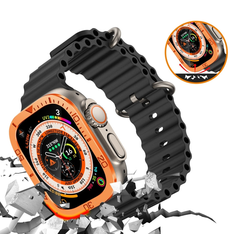Black metal frame tempered screen protector with orange accents for Apple Watch 49mm