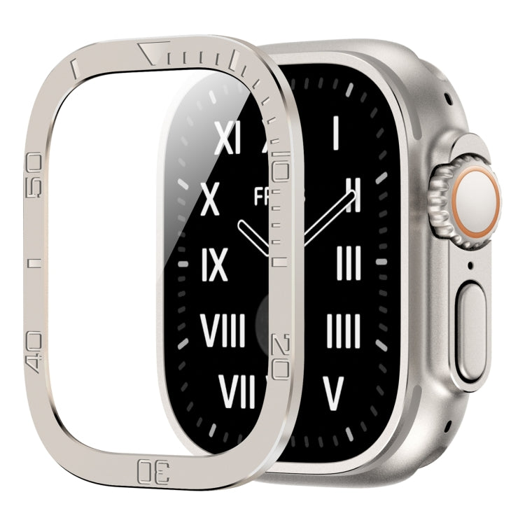 Silver-toned metal frame tempered screen protector for Apple Watch 49mm, curved glass