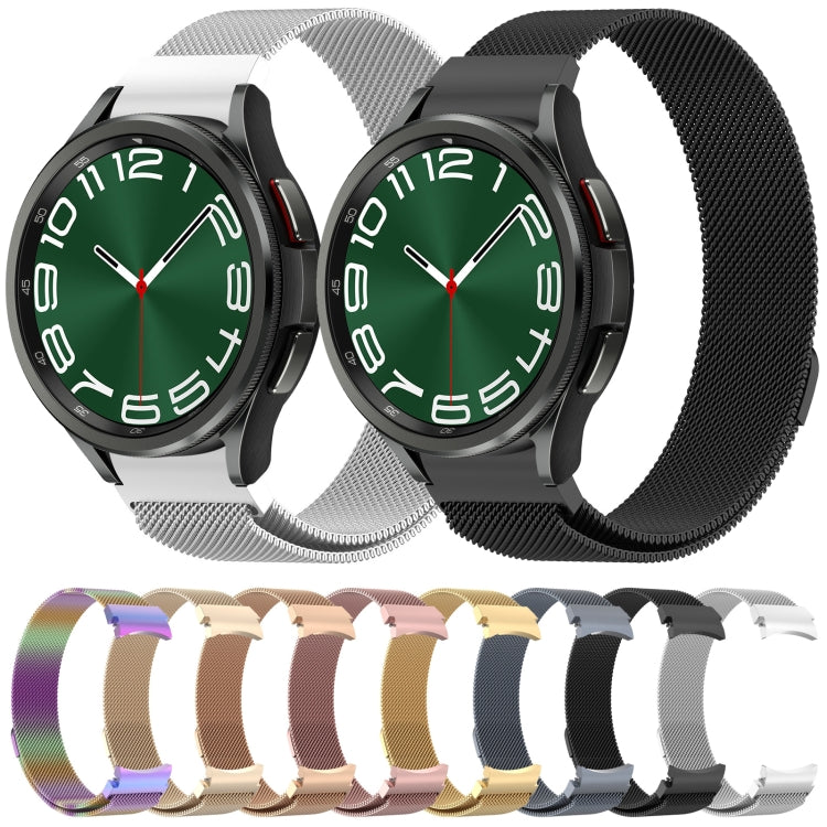 Magnetic metal watch band with silver and black mesh links, shown on smart watch