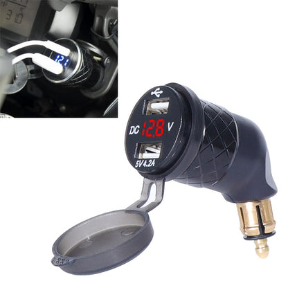 Black motorcycle USB elbow charger with voltmeter screen showing 12.8V