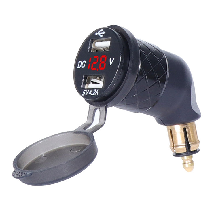 Black motorcycle USB elbow charger with voltmeter screen showing 12.8V and cap