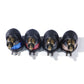 Set of four black motorcycle USB elbow chargers with blue, red, gold colored rings