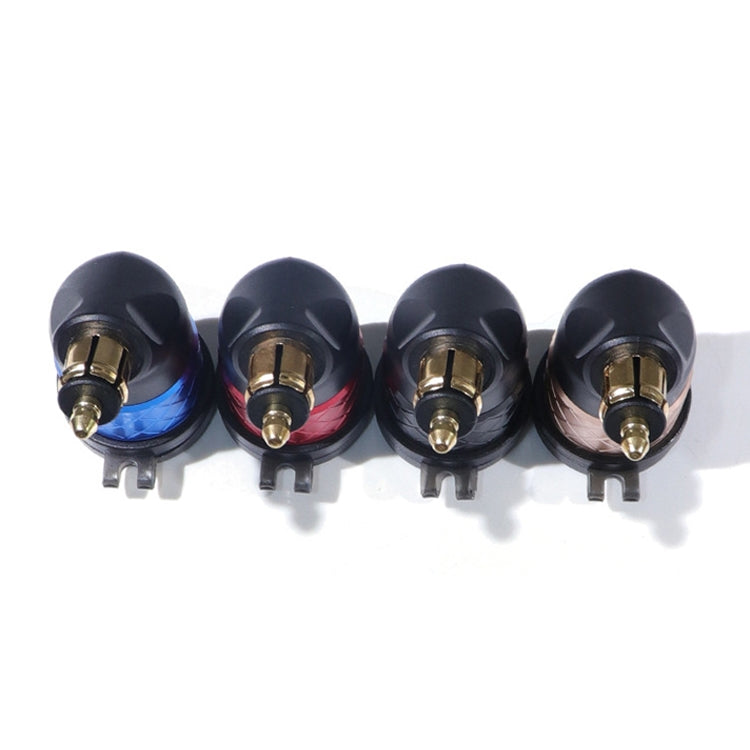 Set of four black motorcycle USB elbow chargers with blue, red, gold colored rings