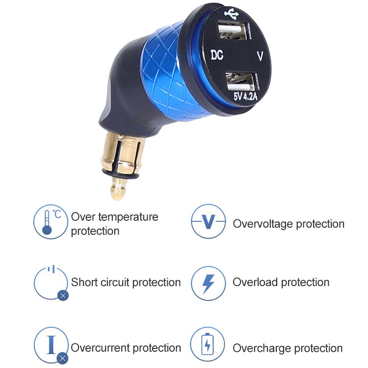 Blue motorcycle USB elbow charger with dual USB ports and voltmeter window