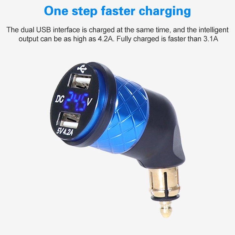 Blue motorcycle USB elbow charger with blue-lit voltmeter and dual USB ports