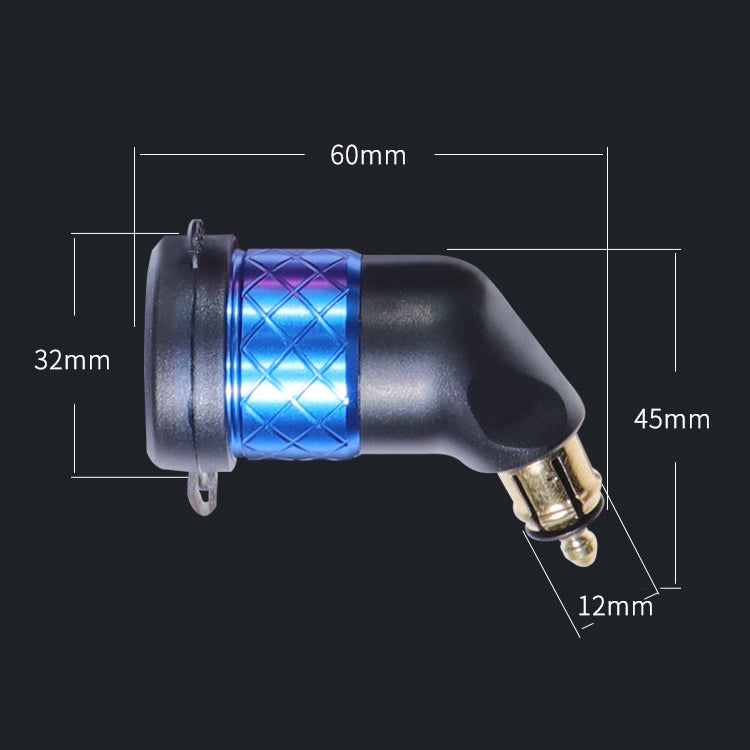 Blue motorcycle USB elbow charger with dimensions labeled: 60mm length and 32mm width