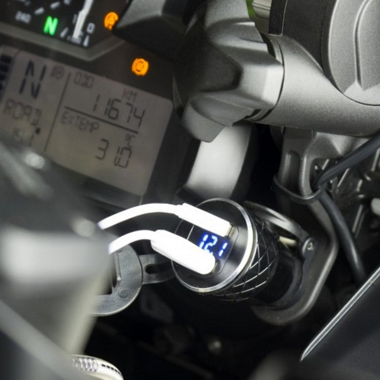 Motorcycle-mounted USB elbow charger with blue-lit voltmeter display