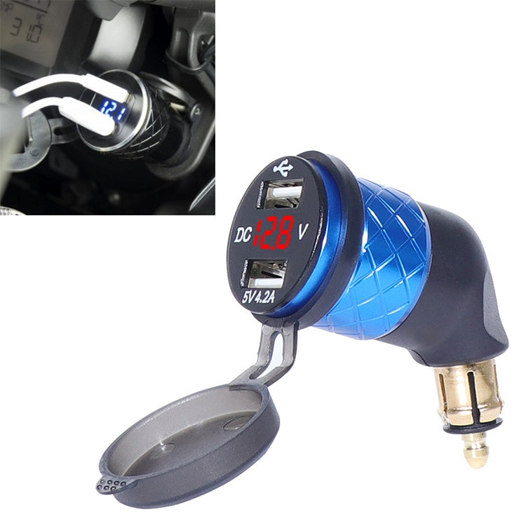 Motorcycle USB elbow charger with voltmeter, blue and black housing; DC 12.0V display.