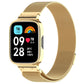 Gold Milan metal watch band with protective frame, smartwatch shown