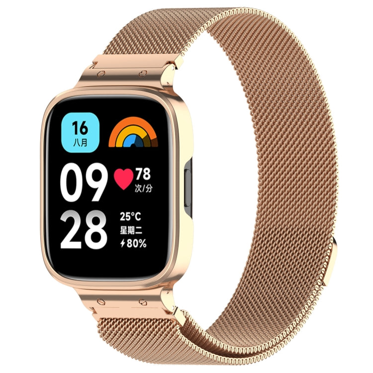 Rose gold Milan metal watch band with protective frame, smartwatch shown