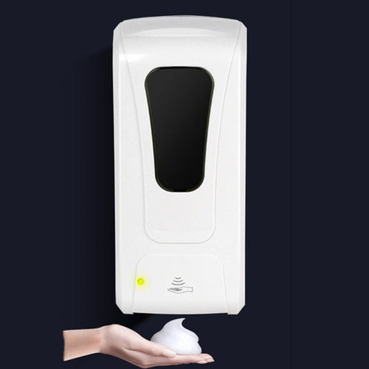 White automatic soap dispenser with black sensor window and front touchless indicator