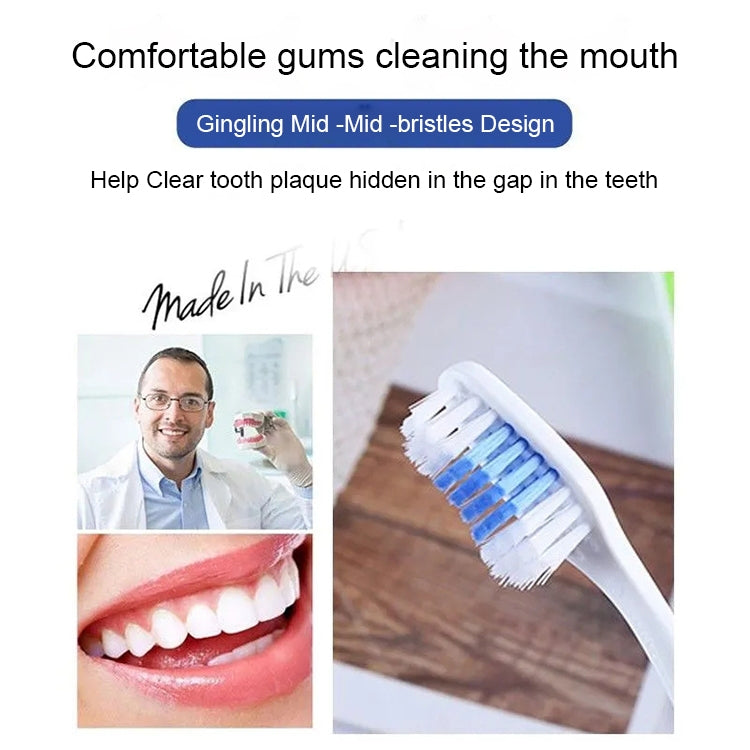 Deep-cleansing toothbrush with white head and blue bristles for comfortable gum cleaning.
