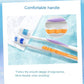 Deep-cleansing toothbrush with ergonomic handle, purple and orange accents, blue bristles.